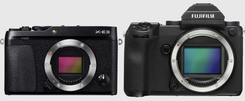 Fujifilm X-E3 APS-C (trái) và medium format GFX 50S (bên phải).